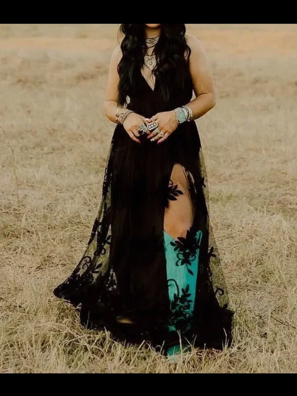 Black Lace Maxi Dress with velvet flowers